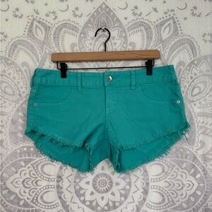 New $52 Billabong Laneway Teal Blue Denim Jean Shorty Shorts Low Rise Y2K 31